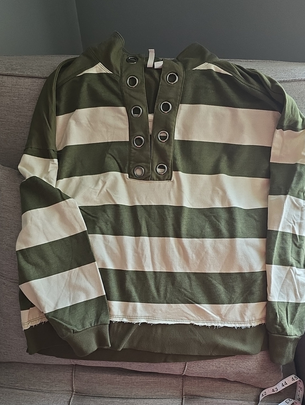 Cato Olive Green and Cream Striped Pullover with Eyelet Placket